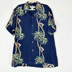 Avanti Silk Hawaiin Shirt Size Large Palm Tree Climber Vintage Retro Jungle Navy